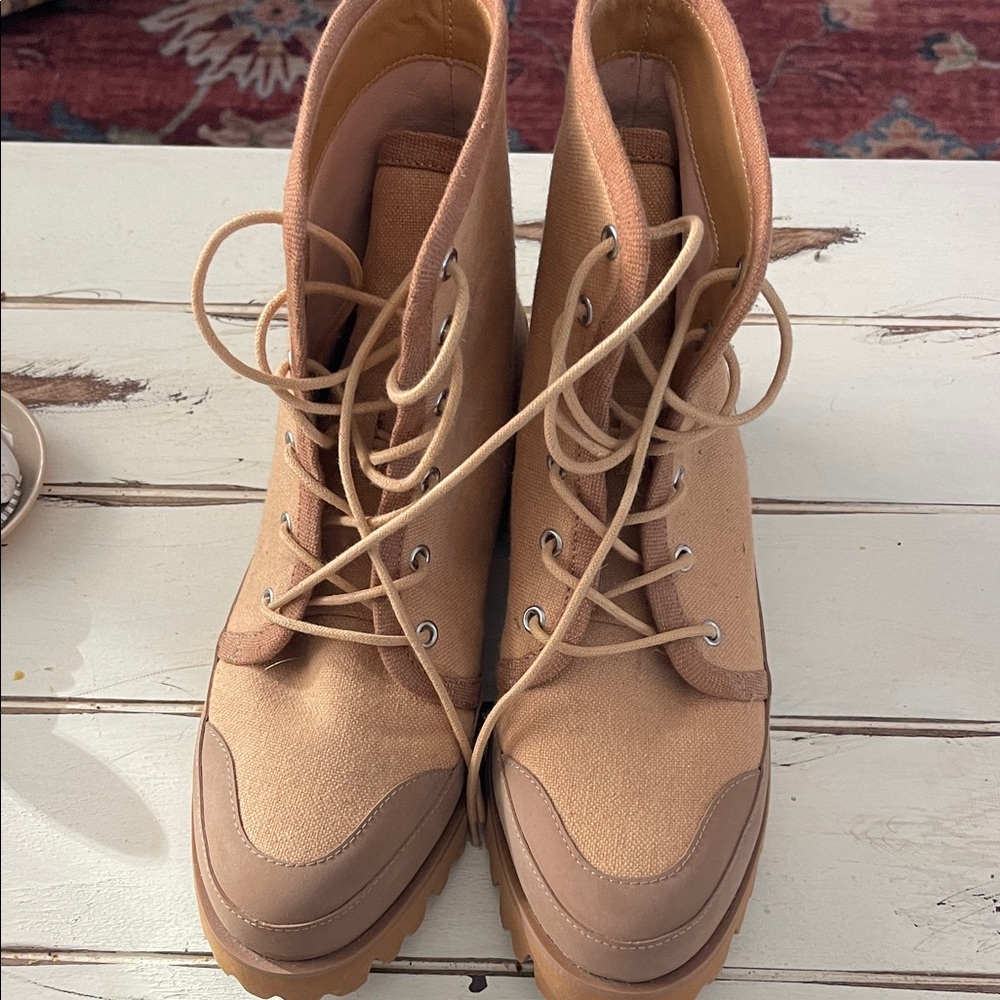 J. Crew Beige Lace-Up Women's Boots canvas with lug sole. Worn one time.